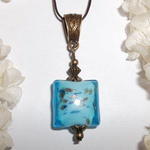 Turquoise Blue & Bronze Necklace Glass Beaded 5418